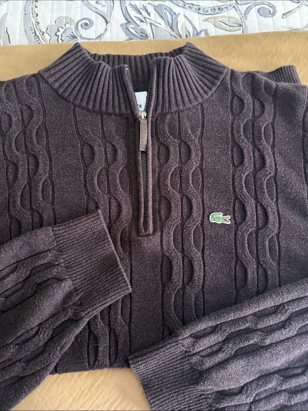 Lacoste Men's Half-Zip Cable Knit Sweater — Dark Brown